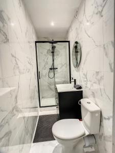 ein weißes Bad mit einem WC und einer Dusche in der Unterkunft Grand Cozy appart - proche métro Paris - proche spots touristiques in Ivry-sur-Seine