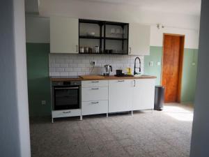 uma cozinha com electrodomésticos brancos e paredes verdes em Open and airy home 