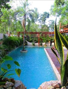 einen blauen Pool mit einer Holzbrücke im Garten in der Unterkunft Apartment with private pool Tulum in Chemuyil