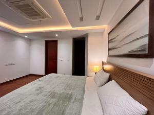 ein Schlafzimmer mit einem großen Bett und einem großen Wandgemälde in der Unterkunft Luxurious Appartment in GOLDCREST DHA Lahore in Lahore