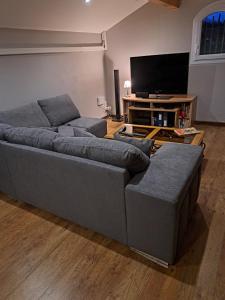 a living room with two couches and a flat screen tv at Chambre privé entre Lyon et St Etienne in Rive-de-Gier
