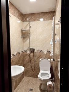 y baño con ducha, aseo y lavamanos. en Hotel Nordmann,Racha, en Ambrolauri