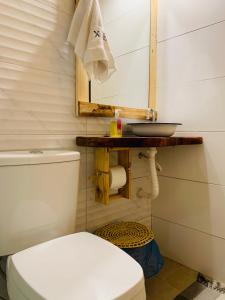 a bathroom with a toilet and a sink at Chalés XIÉ in São Miguel dos Milagres