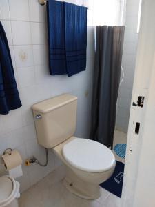 La salle de bains est pourvue de toilettes et d'un rideau de douche bleu. dans l'établissement Rancho Lux, à Águas de Lindóia