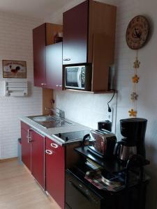 cocina con armarios rojos, fregadero y microondas en OSTSEEFERIEN IN LICHTENHAGEN-DORF FERIENWOHNUNG, en Elmenhorst Anteil