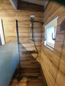 a shower in a bathroom with a wooden wall at Villa Mar veluwe in Ermelo