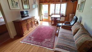 a living room with a couch and a tv and a rug at Chalet Rezia in Savognin