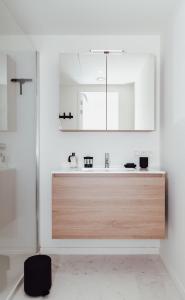 ein Bad mit einem Waschbecken und einem Spiegel in der Unterkunft CH Longstay 2 in Kortrijk