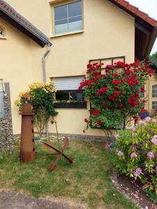 una casa con flores a un lado. en OSTSEEFERIEN IN LICHTENHAGEN-DORF FERIENWOHNUNG, en Elmenhorst Anteil