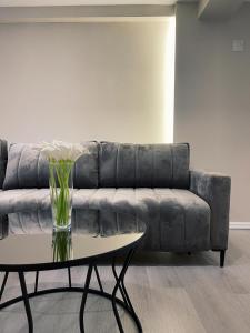 a living room with a couch and a table at Kali Apartments in Bitola