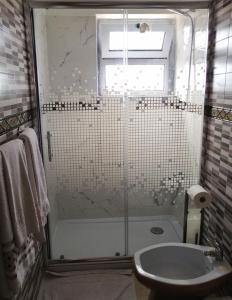 e bagno con doccia, servizi igienici e lavandino. di Hostel Boutique Marisol a Monte Gordo