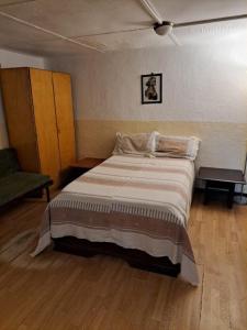 1 dormitorio con 1 cama y 1 silla verde en Wim's Holland House en Addis Abeba