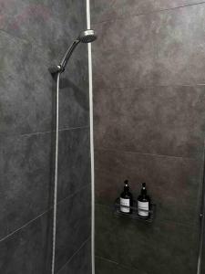 una doccia con due bottiglie su una mensola in bagno di Centre historique de Bonne a Bonne-sur-Ménoge