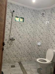 ein Bad mit einer Dusche und einem WC in der Unterkunft villa avec piscine à louer in Bir Jedíd Saint-Hubert