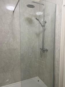 cabina de ducha con puerta de cristal en The Lion Hotel, en Llansantffraid-ym-Mechain