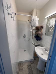 La salle de bains blanche est pourvue d'une douche et d'un lavabo. dans l'établissement Joli T4 Saint Martin D'Hères, à La Tronche