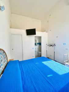 a blue bed in a white room with a television at Marettimo Appartamenti in Marettimo