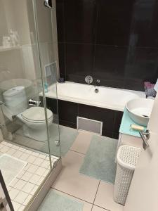 a bathroom with a shower and a toilet and a sink at DNA Dream Home in Durban