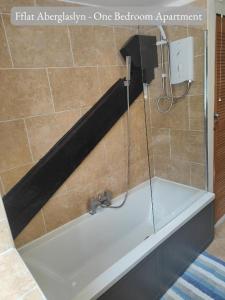 a bath tub with a shower in a bathroom at Llew Accommodation - The Townhouse in Beddgelert