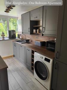 a kitchen with a washer and a washing machine at Llew Accommodation - The Townhouse in Beddgelert