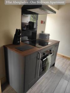 a kitchen with a island with a counter top at Llew Accommodation - The Townhouse in Beddgelert