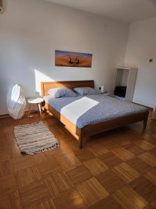 een slaapkamer met een bed en een houten vloer bij Tesa in Novi Beograd