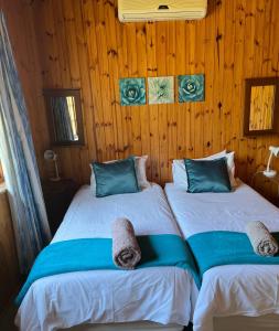 two beds in a room with wooden walls at Hoopoe log cabin in Albert Falls