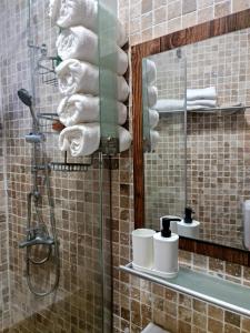 a bathroom with a shower and some towels at Apartment in central Bucharest in Bucharest