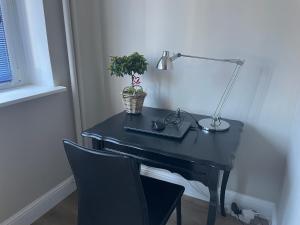 Un escritorio negro con una lámpara y una planta. en La cerise sur le gâteau, en Volmunster