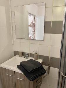 La salle de bains est pourvue d'un lavabo et d'un miroir. dans l'établissement L’évasion - Studio cosy en centre ville, à Rennes