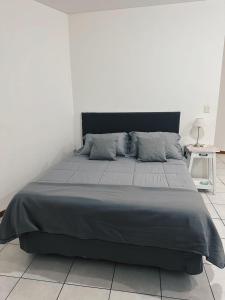 um quarto com uma cama grande e um cobertor cinzento em El Mensú Loft em Posadas