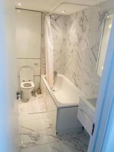 a bathroom with a toilet and a tub and a sink at Shoreditch apartment with lovely garden in London