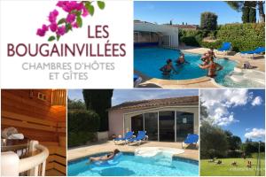 a collage of pictures with people in a swimming pool at Les Bougainvillées de Camargue in Villetelle