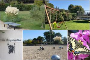 a collage of pictures of a park with a swing at Les Bougainvillées de Camargue in Villetelle +57 photos