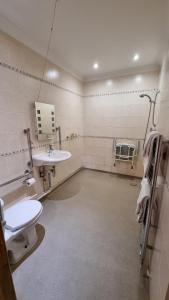 een badkamer met 2 wastafels, een toilet en een spiegel bij Bell Country Inn in Llanyre