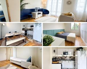 een collage van foto's van een woonkamer en een slaapkamer bij Le Bleu Colbert in Versailles