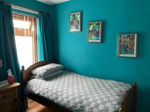 a bedroom with blue walls and a bed and a window at 11 Parkmore Street, Ormeau Road, Belfast, BT7 2GT, 2 bedroom House in Belfast