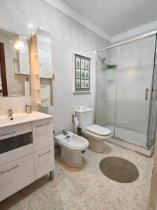 a bathroom with a toilet and a sink and a shower at Vacacional Candelaria vistas al mar con garaje gratuito in Candelaria