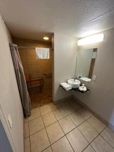 a bathroom with a sink and a mirror at Super 7 inn in Joplin
