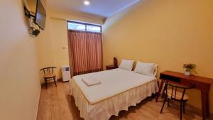 廷戈瑪麗亞的住宿－LEMBRANÇAS HOTEL LODGE，一间卧室配有一张床、一张书桌和一个窗户。