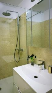 a bathroom with a white sink and a shower at Scandinavia Apartment 1 in Piatra Neamţ