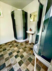 a bathroom with a shower and a sink at Forest Glamping in Braşov