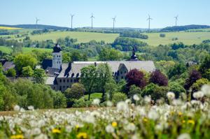 a castle in the middle of a field of flowers at Ferienwohnung Hans im Glück in Olbernhau