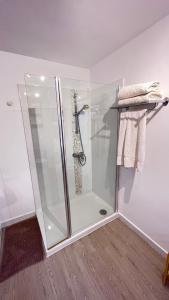 eine Dusche mit einer Glastür in einem Badezimmer in der Unterkunft Finca Tylia, Olta, Calpe in Benissa