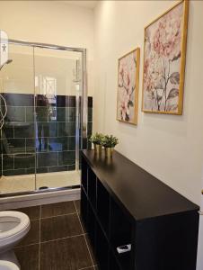 uma casa de banho com um WC e uma cabina de duche em vidro. em CAROLINA'S APARTMENT em Caserta