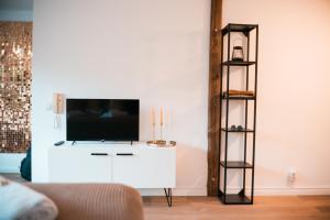 a living room with a tv and a shelf at Suite Dreams Studio in Bremen