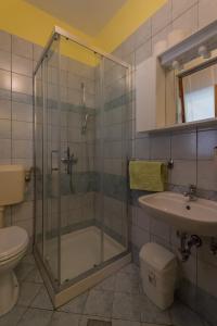 een badkamer met een douche, een toilet en een wastafel bij Apartment and Room Natasa in Kobarid