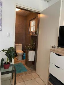 a bathroom with a toilet and a sink and a television at Palmhouse Apartments Aruba 1- 4 persons in Savaneta