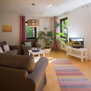 a living room with a couch and a tv at Ferienhaus an der Austwies in Nonnweiler