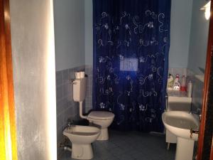 a bathroom with two toilets and a blue shower curtain at Stanza Bellaria in Pontedera